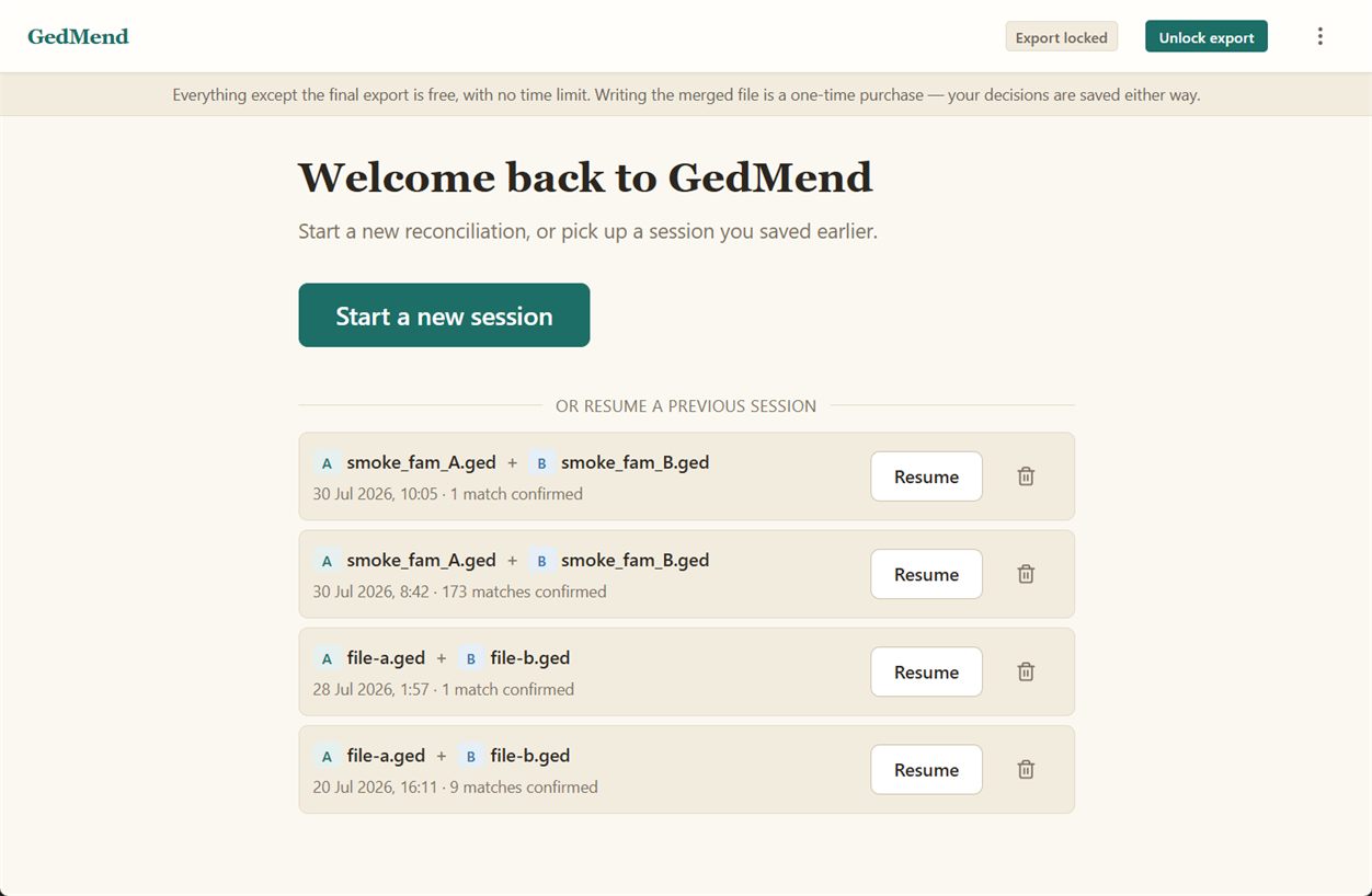 GedMend welcome screen: start a new reconciliation, or resume a session you saved earlier