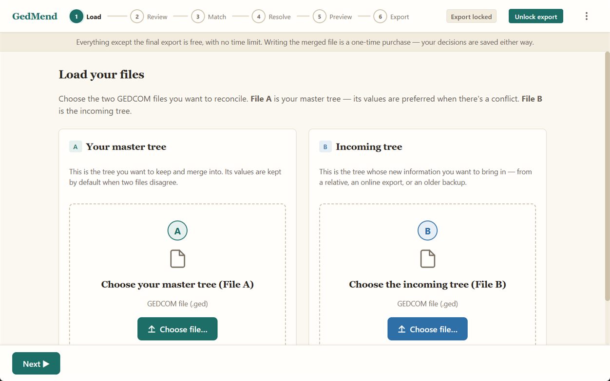 Load your files: master tree A and incoming tree B